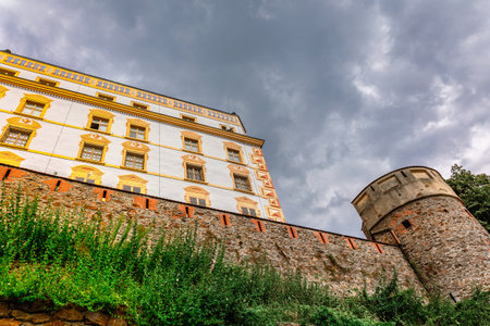 Passau, Germany - July 21, 2023: View of Veste Oberhaus castle. Inner courtyard of medieval castle with gates and arches, Passau, Germany.のeditorial素材