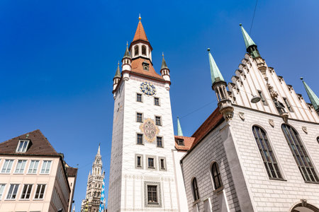 Munich, Germany - July 22, 2023: Panoramic view of Old Town Hall at Marienplatz Square in Munich, Bavaria, Germanyのeditorial素材