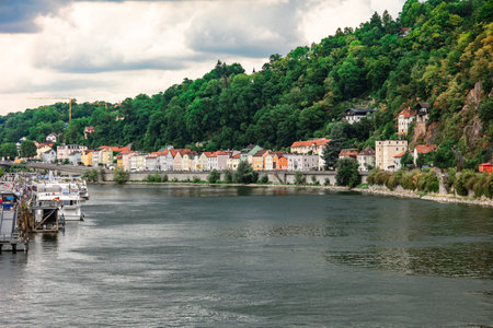 Passau, Germany - July 21, 2023: Panoramic view of Passau. Aerial skyline of old town with beautiful reflection in Danube river, Bavaria, Germany.のeditorial素材