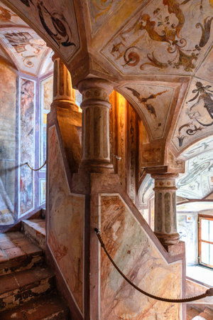 Landshut, Germany - July 24, 2023: Trausnitz castle inside. Halls and galleries of museum with paintings, frescoes and exhibits. Beautiful room interiors. Landshut, Germany.のeditorial素材