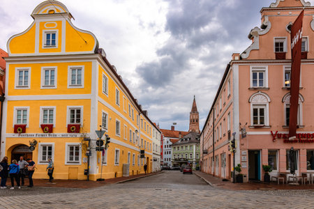 Landshut, Germany - July 24, 2023: Panoramic view of traditional colorful gothic houses in Old Town, Landshut, Bavaria, Germany.のeditorial素材