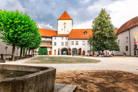 Passau, Germany - July 21, 2023: View of Veste Oberhaus castle. Inner courtyard of medieval castle with gates and arches, Passau, Germany.のeditorial素材