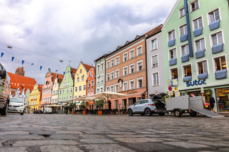 Landshut, Germany - July 24, 2023: Panoramic view of traditional colorful gothic houses in Old Town,...