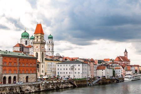 Passau, Germany - July 21, 2023: Panoramic view of Passau, Altes Rathaus, Old Town Hall. Aerial...