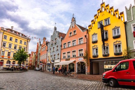 Landshut, Germany - July 24, 2023: Panoramic view of traditional colorful gothic houses in Old Town,...