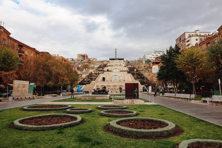 Yerevan, Armenia - November 26, 2023: Panoramic view of art complex Cascade with giant stairway,...