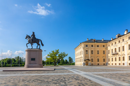 St. Petersburg, Russia - August 26, 2023: Konstantinovsky Palace. State complex national Congress Palace. Square in front of palace with monument to Peter Great, Strelna, St. Petersburg, Russiaのeditorial素材