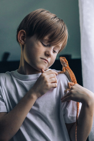 Portrait of boy with Red bearded Agama iguana. Little child playing with reptile. Selective focus....