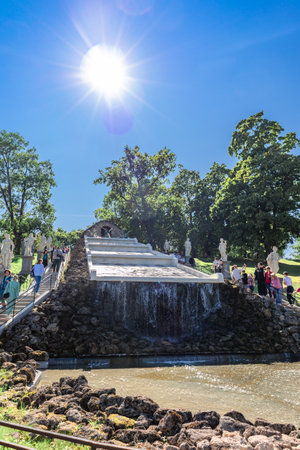 St. Petersburg, Russia - August 23, 2023: Fountains of Peterhof. View of Cascade Chess Mountain fountains in Lower park of Peterhofのeditorial素材