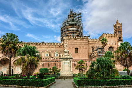 Italy, Palermo - November 29, 2023: Palermo Cathedral on clear sunny day. Architectural complex of different styles, Palermo, Sicily, Italy.のeditorial素材