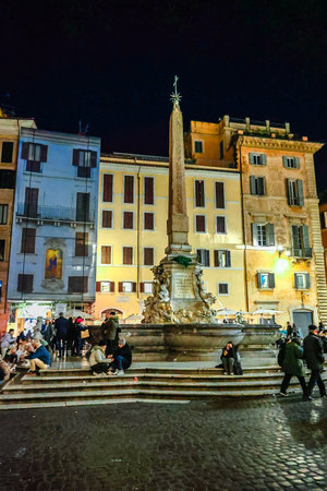 Italy, Rome - November 26, 2023: Pantheon and Fountain of Pantheon Illuminated at night. Architecture of ancient Rome. Temple of all gods Basilica Santa Maria ad Martyres, Italyのeditorial素材