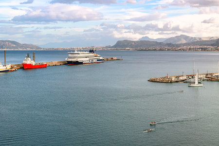 Italy, Palermo - November 29, 2023: Panoramic view of port of Palermo. Mediterranean coastline, Sicily, Italyのeditorial素材