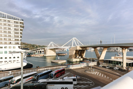 Barcelona, Spain - December 1, 2023: Panoramic view of the port of Barcelona on the Mediterranean coastのeditorial素材