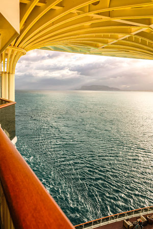 Italy, Rome - November 28, 2023: Panoramic view of port of Civitavecchia from MSC WORLD EUROPA cruise ship. Mediterranean coastlineのeditorial素材
