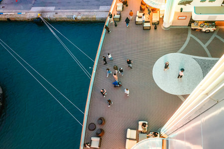Barcelona, Spain - December 1, 2023: Lounge promenade deck on cruise ship. Interior of luxury cruise...