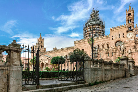 Italy, Palermo - November 29, 2023: Palermo Cathedral on clear sunny day. Architectural complex of different styles, Palermo, Sicily, Italy.のeditorial素材