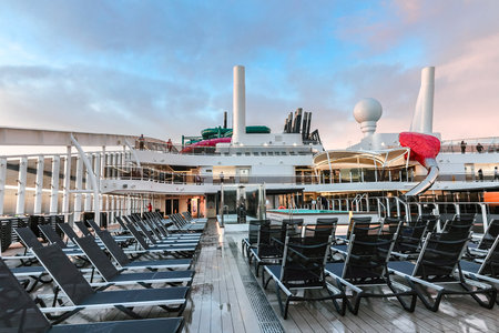 Barcelona, Spain - December 1, 2023: Beautiful view of deck with rows of sun loungers from MSC WORLD EUROPA cruise shipのeditorial素材