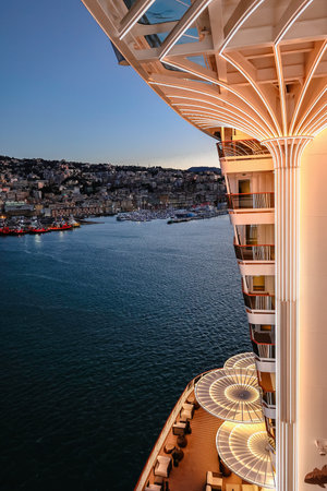 Panoramic view of port of Genoa on Mediterranean coast early morning, Genoa, Italy.の写真素材