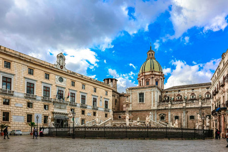 Italy, Sicily, Palermo - November 29, 2023: Piazza Pretoria are enclosed by buildings Praetorian Palace, Church of St. Catherine, Palazzo Bonocore, Palazzo Bordonaro and Fontana Pretoriaのeditorial素材