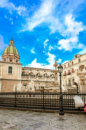Italy, Sicily, Palermo - November 29, 2023: Piazza Pretoria are enclosed by buildings Praetorian Palace, Church of St. Catherine, Palazzo Bonocore, Palazzo Bordonaro and Fontana Pretoriaのeditorial素材