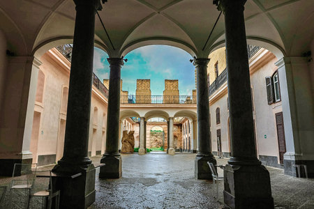 Italy, Palermo - November 29, 2023: University of Palermo. Courtyard of quadrangle at Law Faculty, Palermo, Sicily, Italy.のeditorial素材