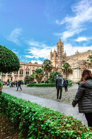 Italy, Palermo - November 29, 2023: Palermo Cathedral on clear sunny day. Architectural complex of different styles, Palermo, Sicily, Italy.のeditorial素材