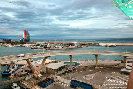 Barcelona, Spain - December 1, 2023: Panoramic view of the port of Barcelona on the Mediterranean coastのeditorial素材