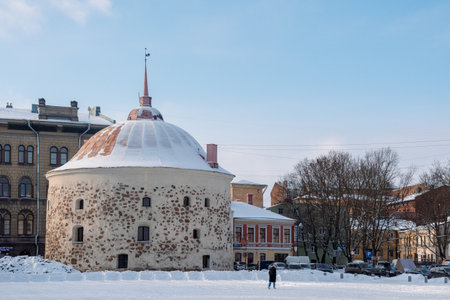 Vyborg, Russia - February 20, 2023: View of Market Square with old Round Tower, Vyborg, Russiaのeditorial素材