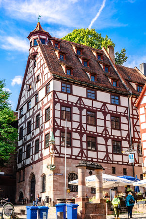 Nuremberg, Germany - July 30, 2023: Half timbered houses in Tiergartnertor Square in old town of Nuremberg, Bavaria.のeditorial素材