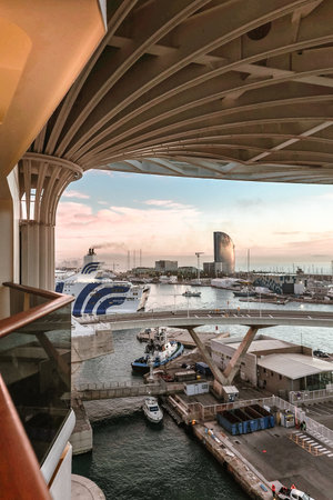 Barcelona, Spain - December 1, 2023: Panoramic view of the port of Barcelona on the Mediterranean coast, verticalのeditorial素材