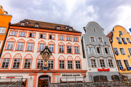 Landshut, Germany - July 24, 2023: Panoramic view of traditional colorful gothic houses in Old Town, Landshut, Bavaria, Germany.のeditorial素材