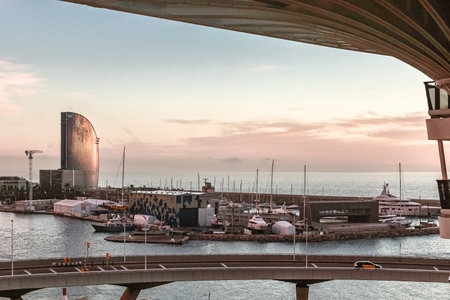 Barcelona, Spain - December 1, 2023: Panoramic view of the port of Barcelona on the Mediterranean coastのeditorial素材