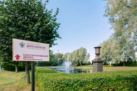 St. Petersburg, Russia - August 26, 2023: Konstantinovsky Palace. State complex national Congress Palace. View of landscaped park and Garden and palace complex, Strelna, St. Petersburg, Russiaのeditorial素材