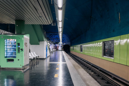 Marseille, France - December 2, 2023: Metro station in Marseille. Empty platform. Underground mode of transportのeditorial素材