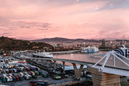 Barcelona, Spain - December 1, 2023: Panoramic view of cargo port in Barcelona. Freight...