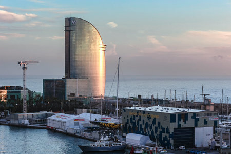 Barcelona, Spain - December 1, 2023: Panoramic view of the port of Barcelona on the Mediterranean...