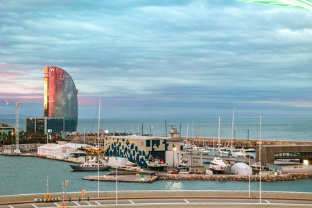 Barcelona, Spain - December 1, 2023: Panoramic view of the port of Barcelona on the Mediterranean coastのeditorial素材