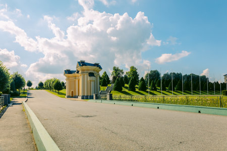 St. Petersburg, Russia - August 26, 2023: Konstantinovsky Palace. State complex national Congress Palace. View of Gates and pylons of central entrance, Strelna, St. Petersburg, Russiaのeditorial素材