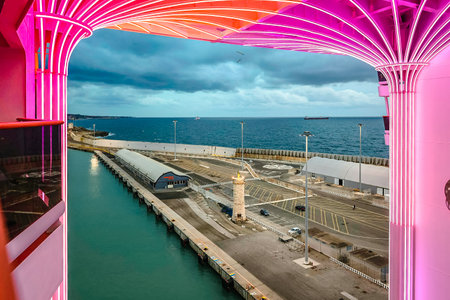 Italy, Rome - November 28, 2023: Panoramic view of port of Civitavecchia from MSC WORLD EUROPA cruise ship. Mediterranean coastlineのeditorial素材