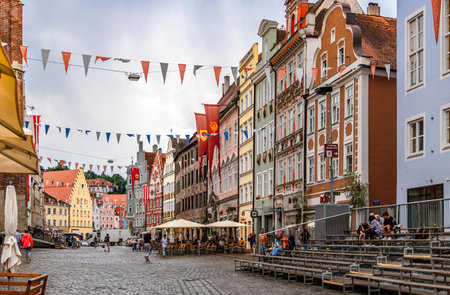 Landshut, Germany - July 24, 2023: Panoramic view of traditional colorful gothic houses in Old Town, Landshut, Bavaria, Germany.のeditorial素材