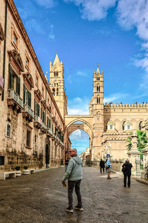 Italy, Palermo - November 28, 2023: Palermo Cathedral on clear sunny day. Architectural complex of different styles, Palermo, Sicily, Italy.のeditorial素材