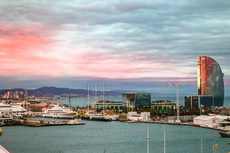 Barcelona, Spain - December 1, 2023: Panoramic view of the port of Barcelona on the Mediterranean coastのeditorial素材
