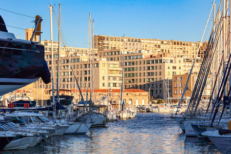 Marseille, France - December 2, 2023: Panoramic view of old port of Marseille with yachts reflected in water, Marseille, Franceのeditorial素材