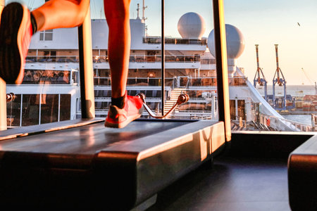 Legs of woman running on treadmill in health club next to large window. Concept for exercising, fitness and healthy lifestyle. Selective focus.の写真素材