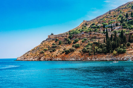 Panoramic view of blue sea and sky on Alanya coastline. Landscape view of Mediterranean coast, Alanya, Turkey. High quality photoの写真素材