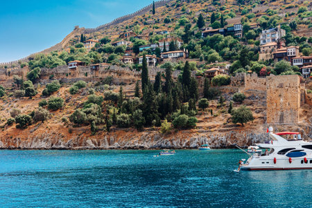 Panoramic view of blue sea and sky on Alanya coastline. Landscape view of Mediterranean coast, Alanya, Turkey. High quality photoの写真素材