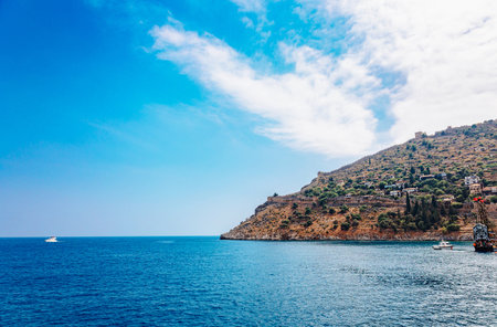 Panoramic view of blue sea and sky on Alanya coastline. Landscape view of Mediterranean coast, Alanya, Turkey. High quality photoの写真素材