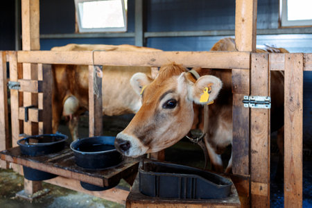 Close-up portrait of cow. Cows eat hay and water at barn. Dairy eco farm. Rural organic nature animals farm. Selective focus. High quality photoの写真素材