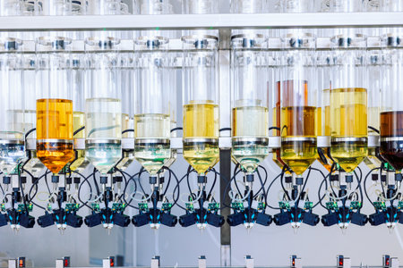 Glass bottles flasks with aroma oils for making perfumes in row. High quality photoの写真素材