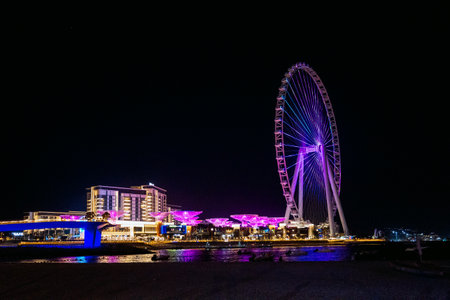 UAE, Dubai - December 9, 2024: Panoramic view of Bluewaters Island at night. Famous Ain Dubai Observation Wheel and walking area promenade with huge neon glowing trees mushrooms, Dubai Marina, UAEのeditorial素材